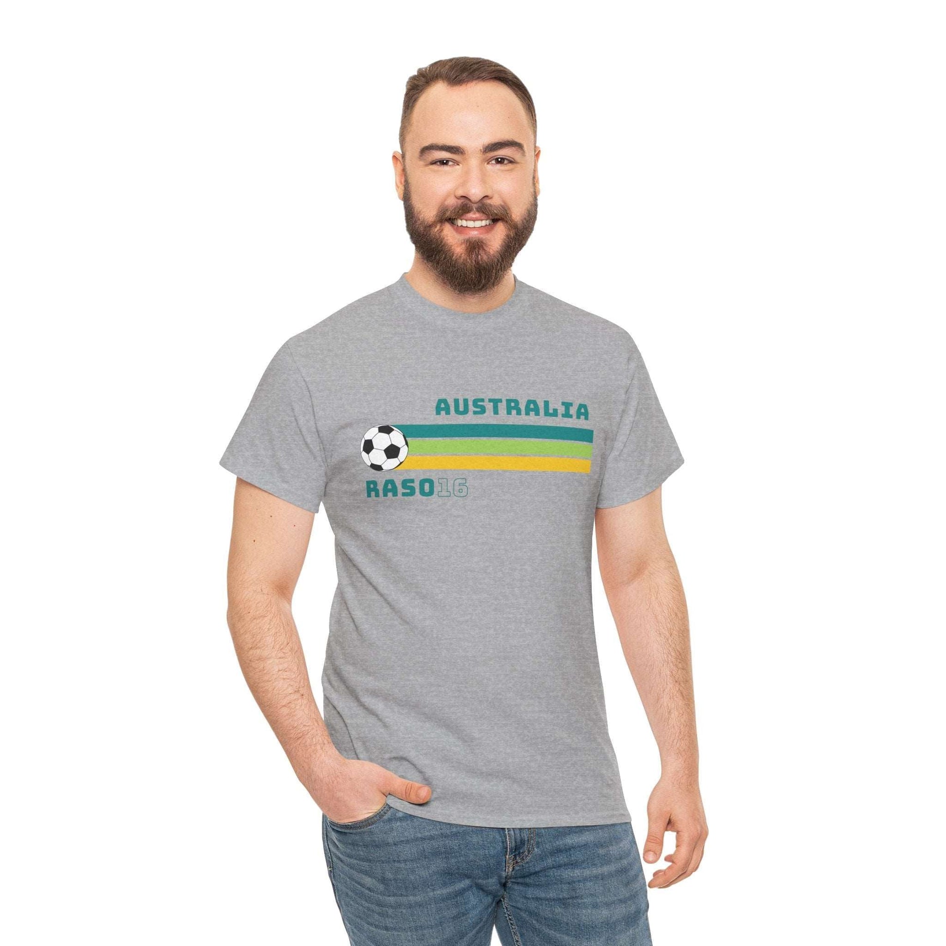 Stylish throwback Hayley Raso shirt in Aussie colours, great for match days and tournaments