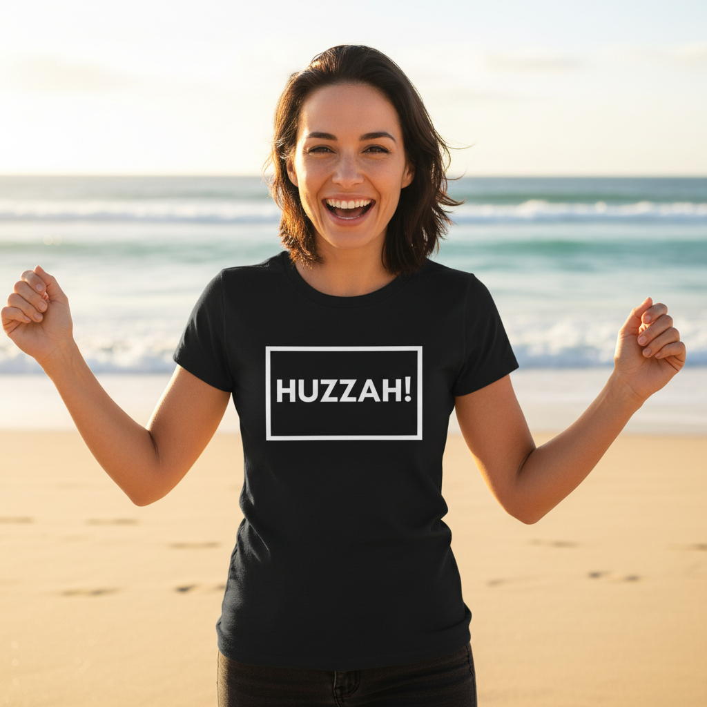 Huzzah! t-shirt beach mockup - square format on lady at beach