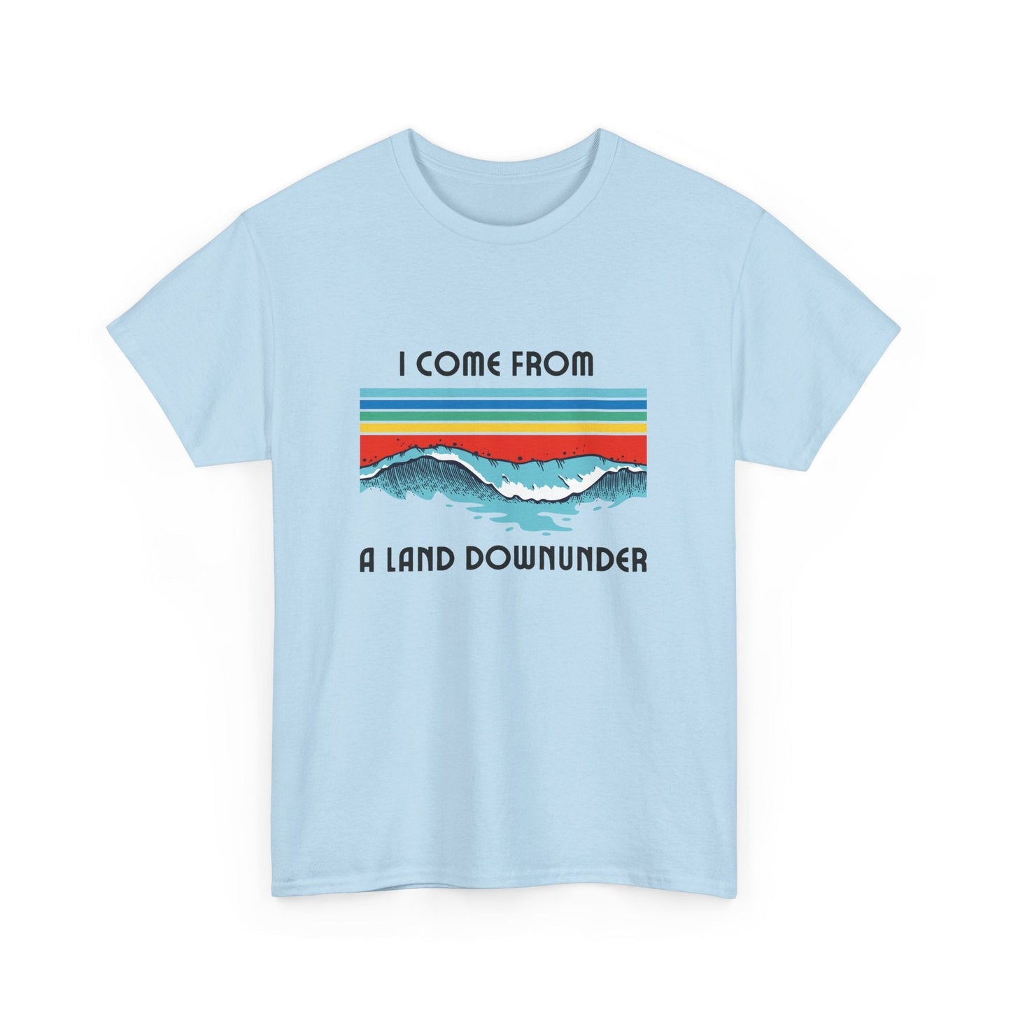 Nostalgic surf print t-shirt with ‘I Come From a Land Down Under’ text