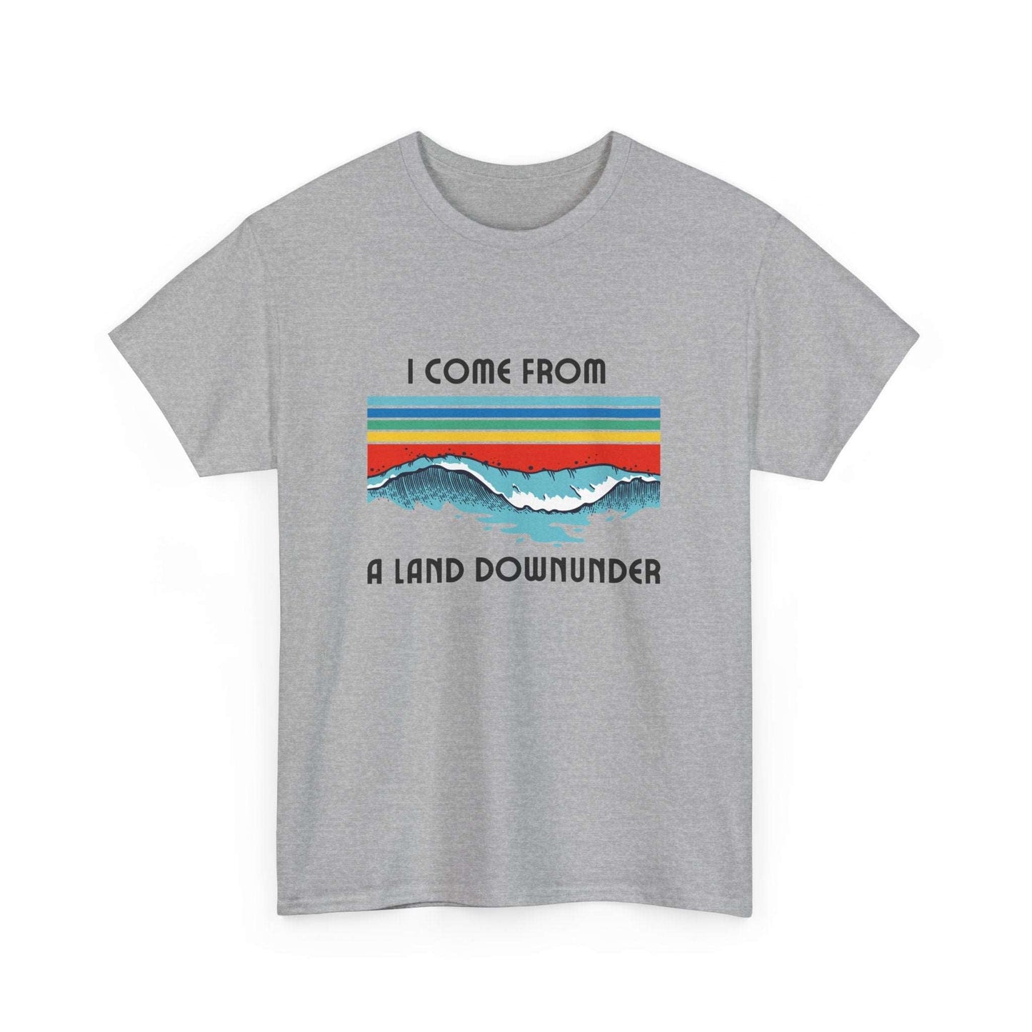 Surf culture retro tee with ‘I Come From a Land Down Under’ bold graphic