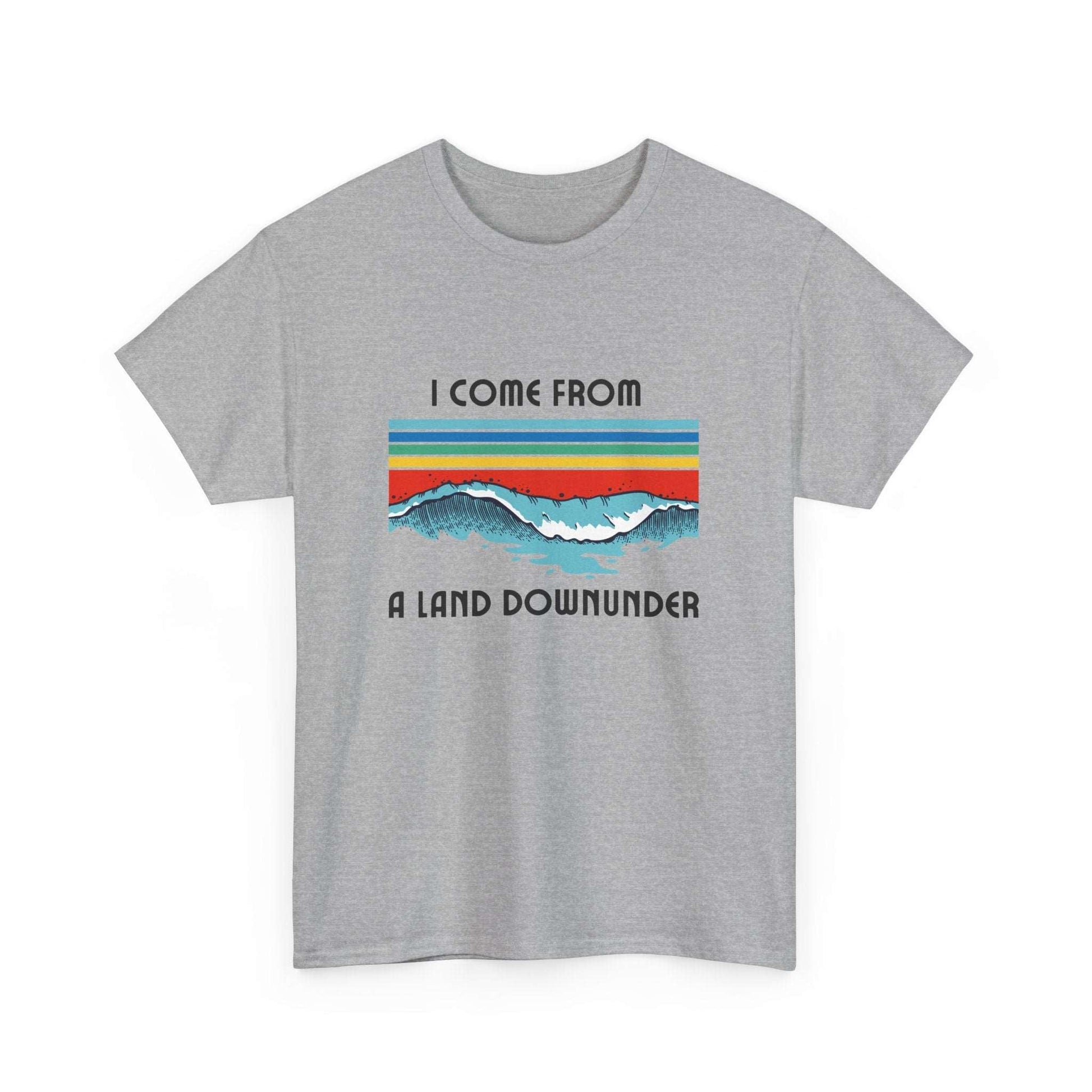 Surf culture retro tee with ‘I Come From a Land Down Under’ bold graphic