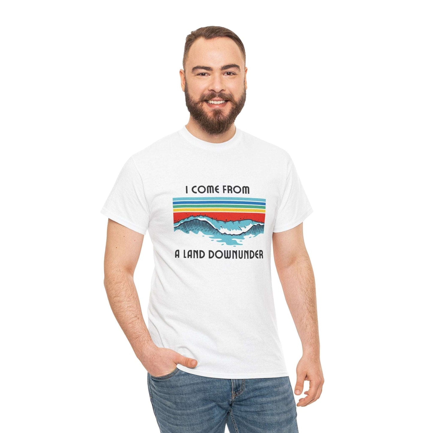 Nostalgic surf print t-shirt with ‘I Come From a Land Down Under’ text