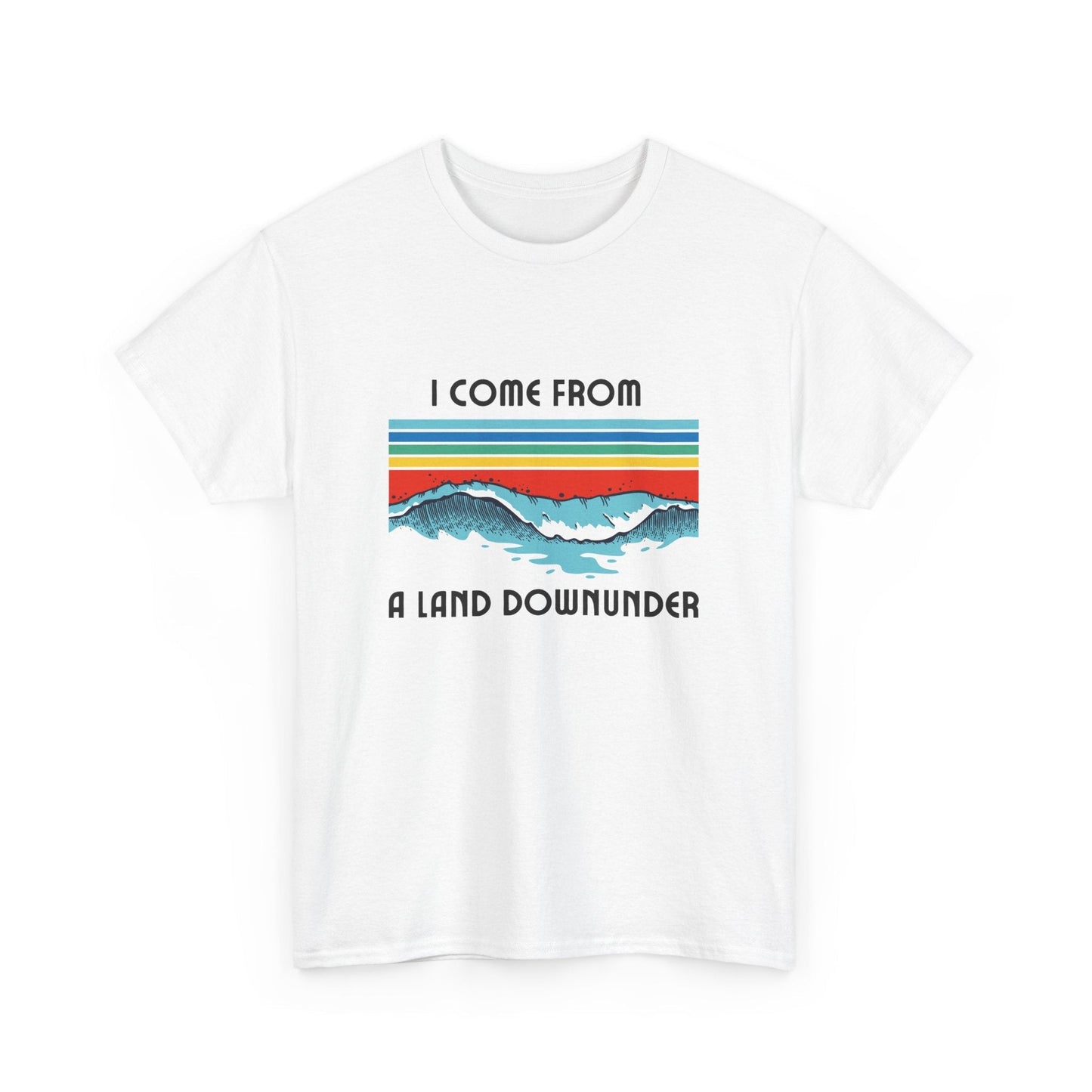 Aussie retro surf tee featuring ‘I Come From a Land Down Under’ design
