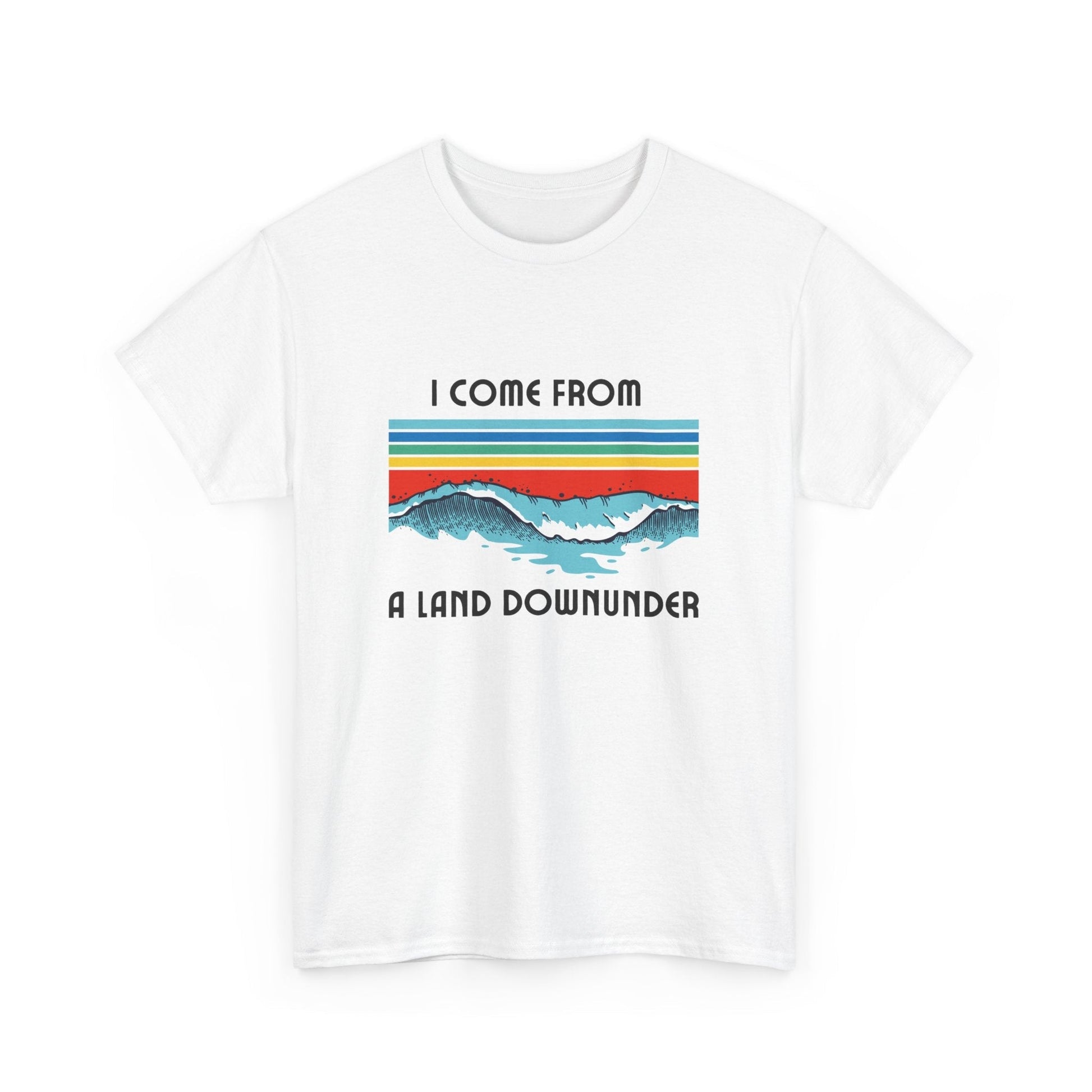 Aussie retro surf tee featuring ‘I Come From a Land Down Under’ design