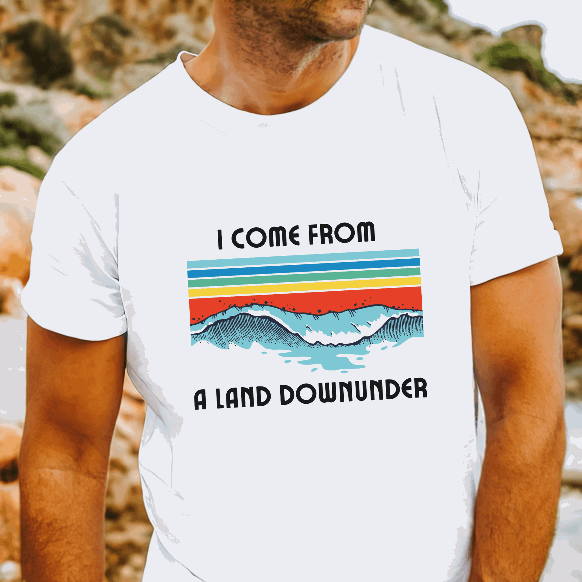 Retro surf style ‘I Come From a Land Down Under’ t-shirt with vintage waves graphic