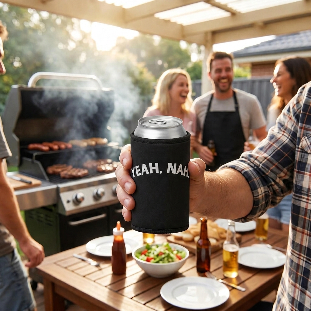 Black Yeah Nah stubby holder around a regular can at a backyard barbecue