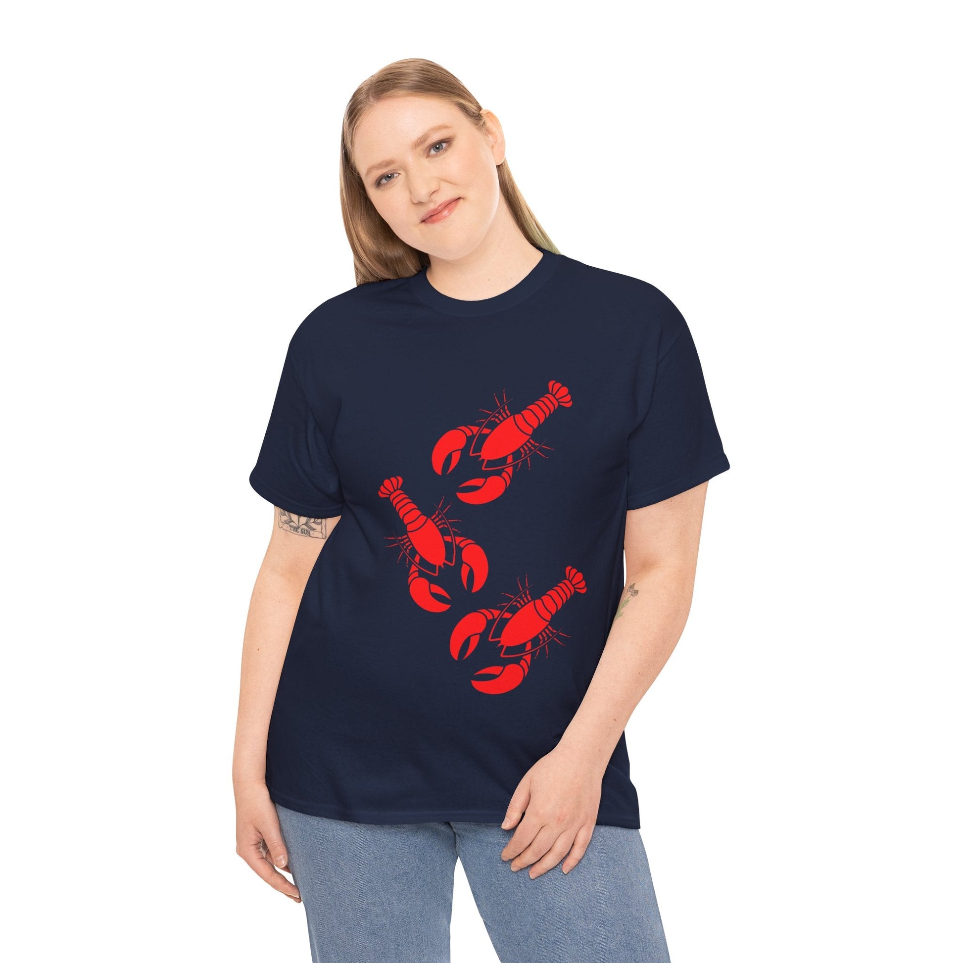 Rustic fisherman t-shirt with bold red lobster design, perfect for seafood lovers and coastal adventurers.
