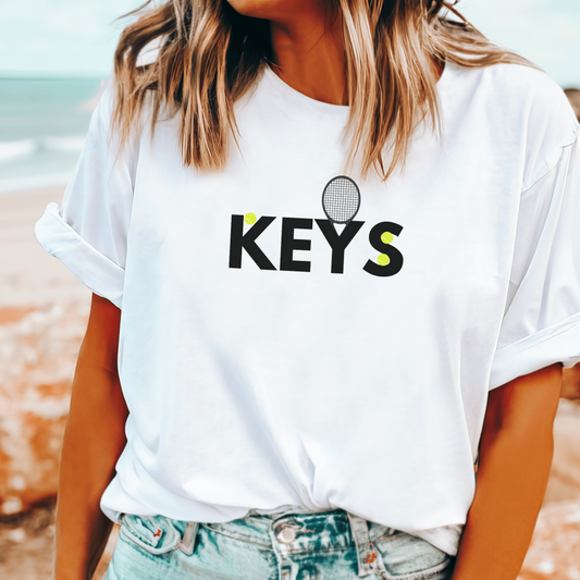"Keys" tennis fan t-shirt with racket and ball graphic for Madison Keys supporters
