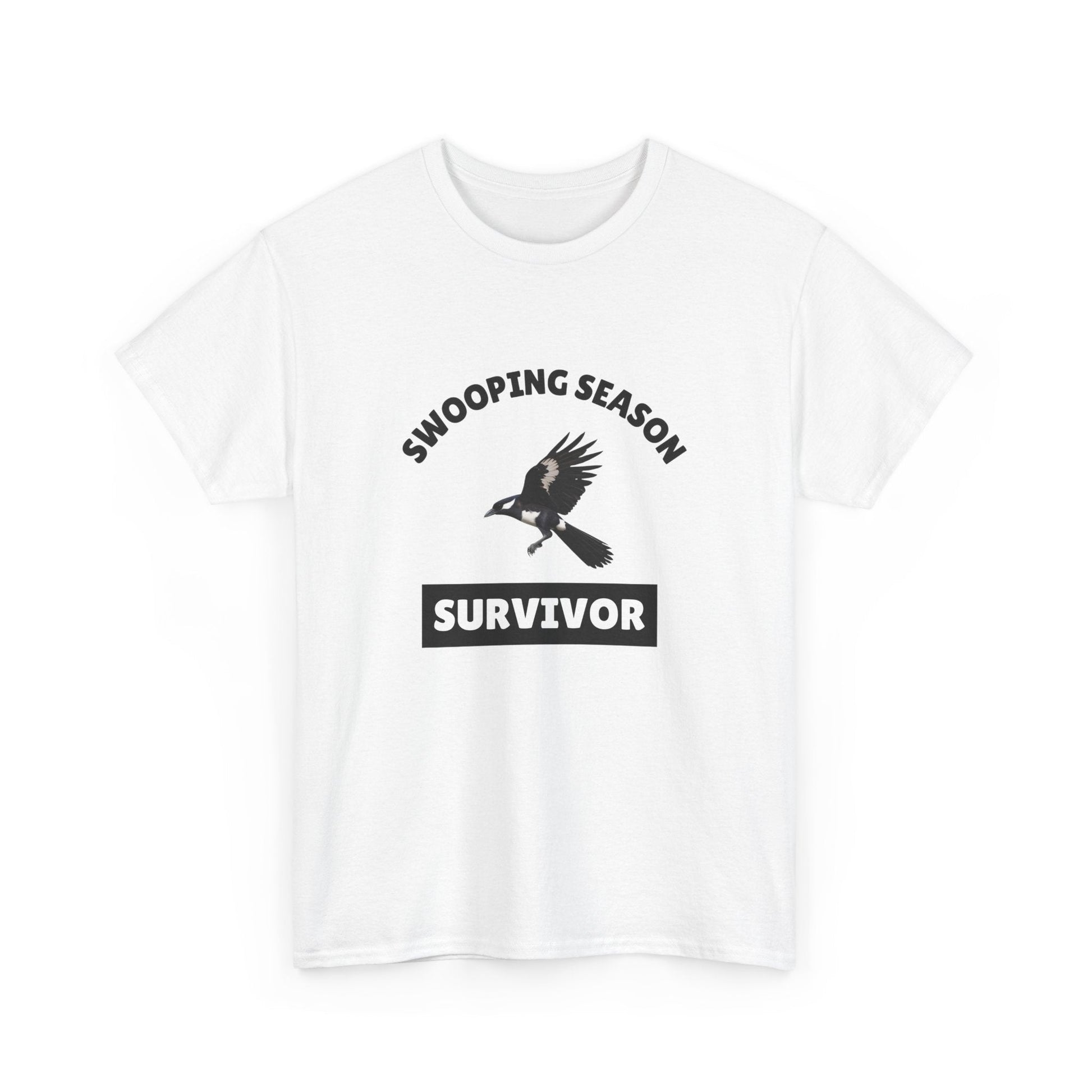 Funny 'Magpies Swooping Survivor?' t-shirt—perfect for Aussies who’ve dodged aggressive magpies