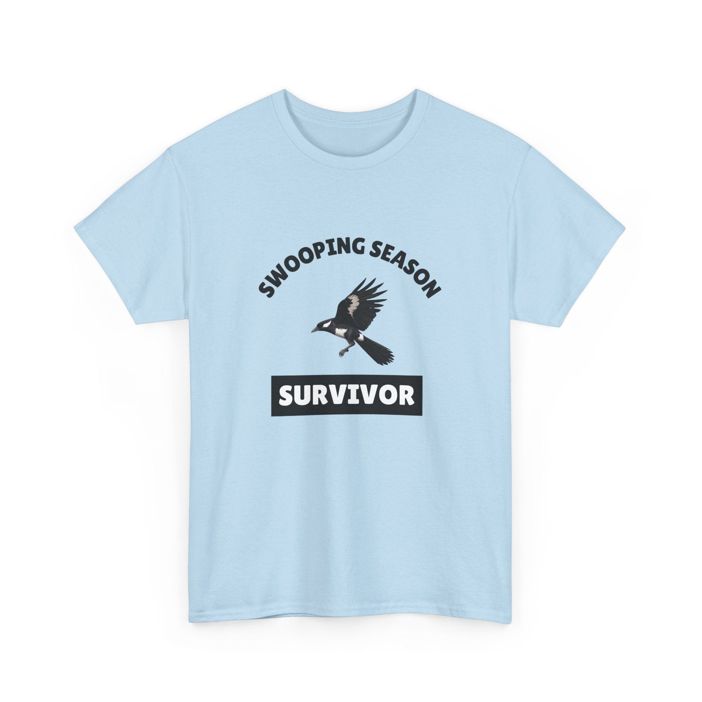 Hilarious 'Magpies Swooping Survivor?' tee—perfect for cyclists, runners, and Aussie bird lovers.