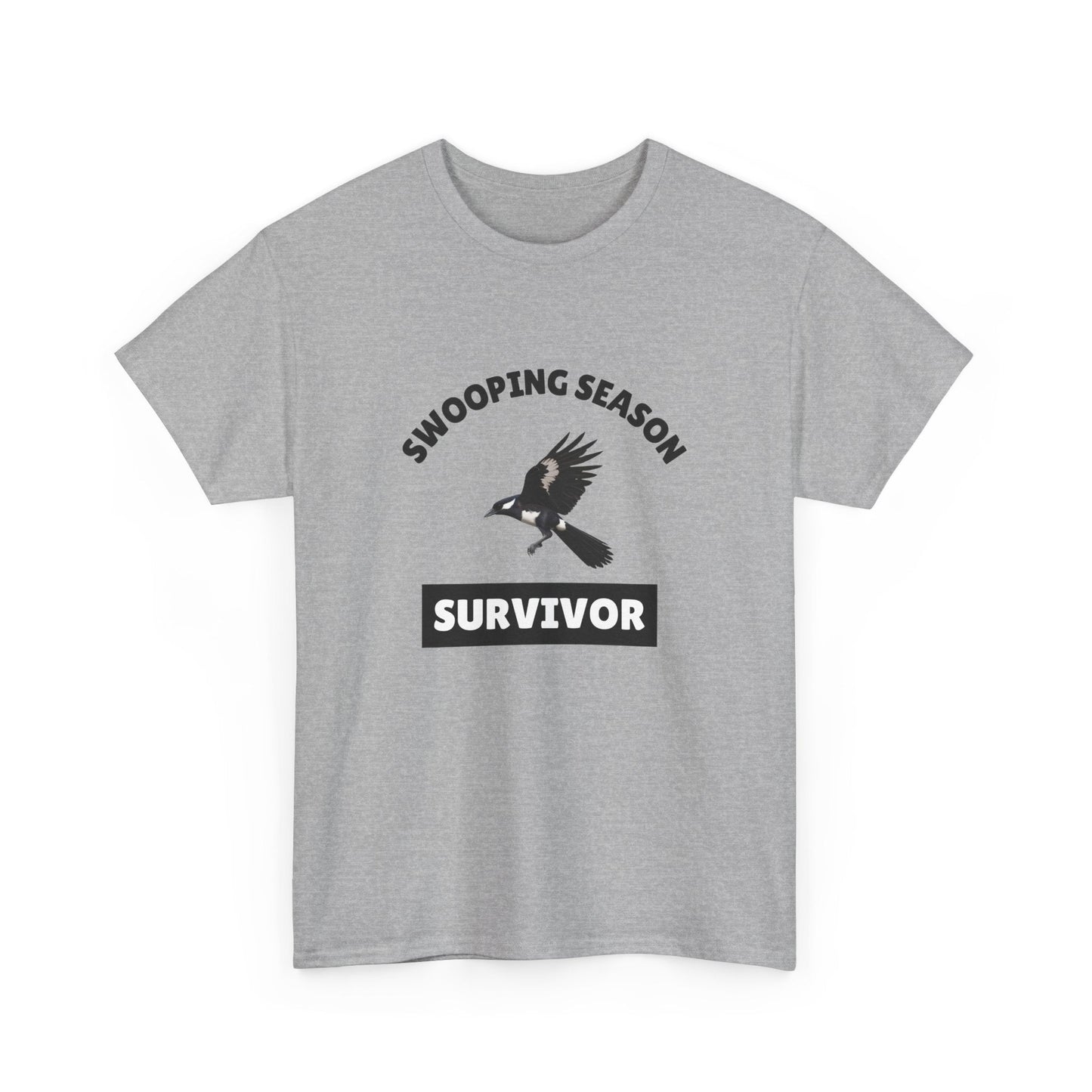 Aussie humour t-shirt—'Magpies Swooping Survivor?' design for those who’ve faced magpie attacks