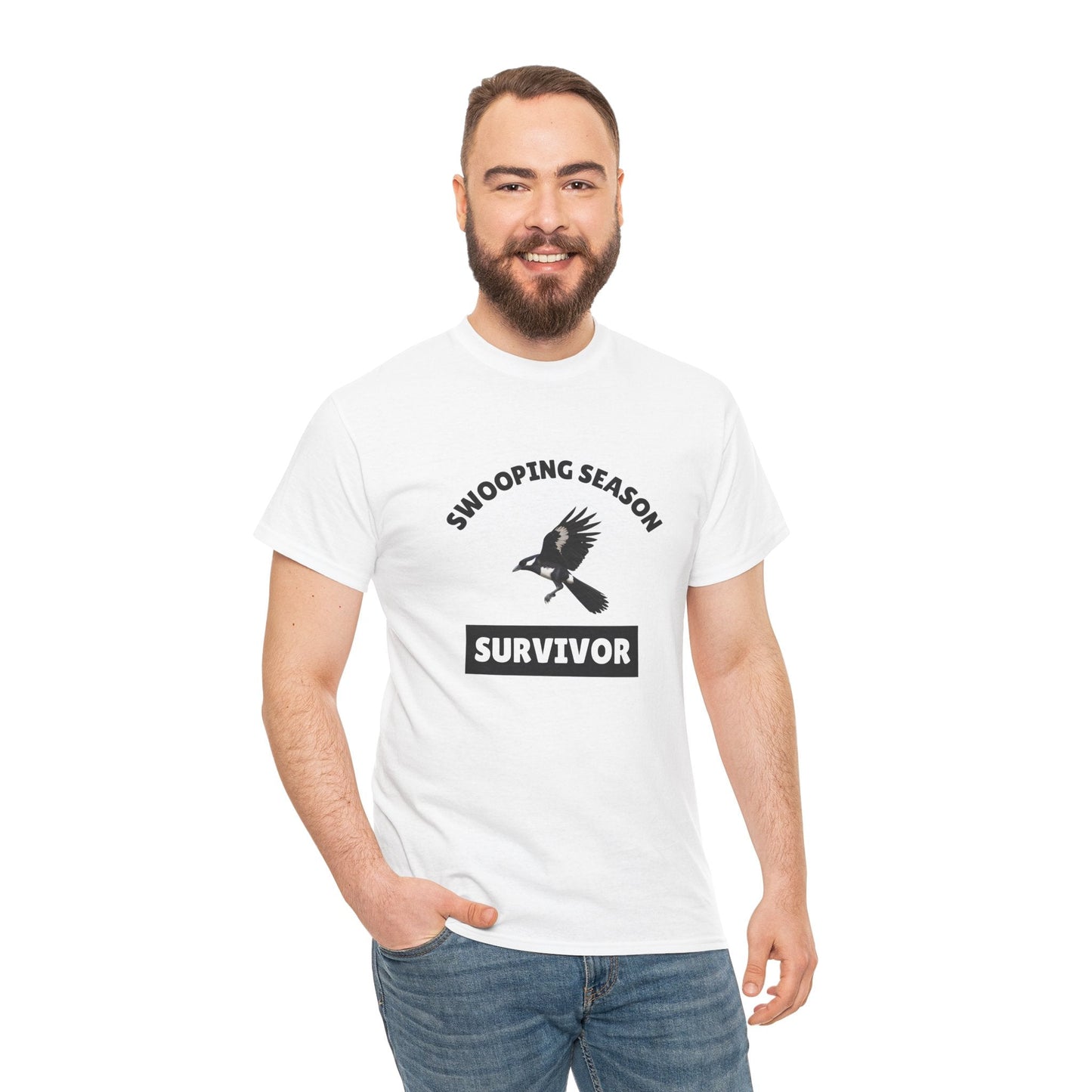 Classic Aussie 'Magpies Swooping Survivor?' t-shirt—funny gift for anyone who’s dodged a magpie