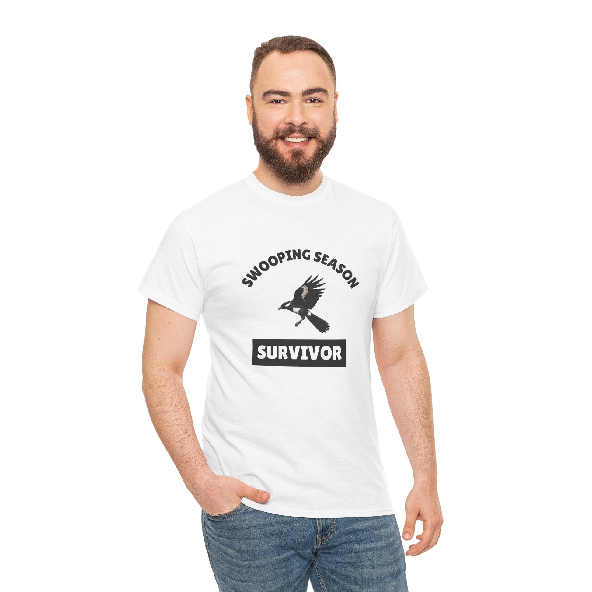 Classic Aussie 'Magpies Swooping Survivor?' t-shirt—funny gift for anyone who’s dodged a magpie