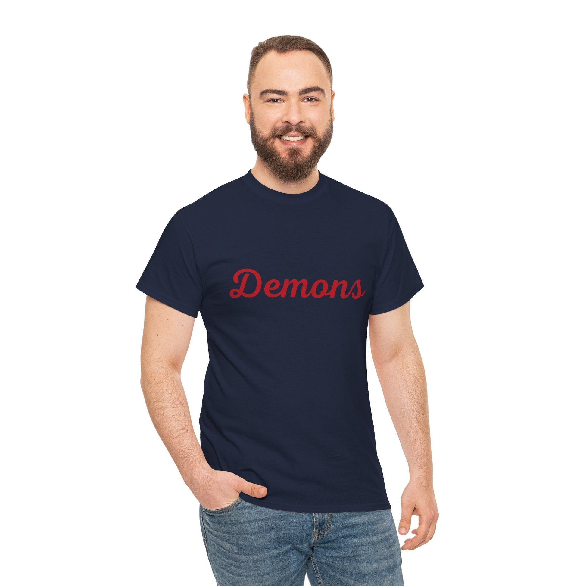 Melbourne Demons t-shirt with Demons text in red and blue colours