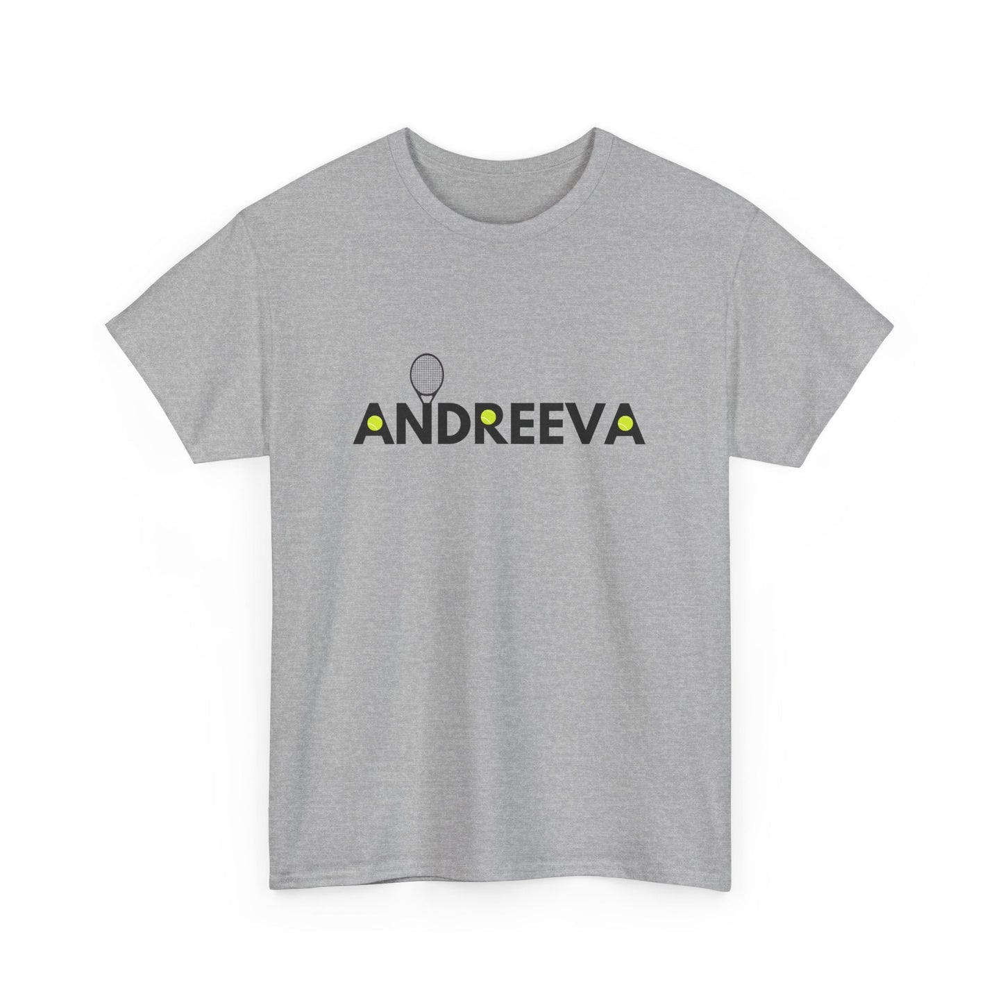Unisex tennis shirt with bold "Andreeva" text design