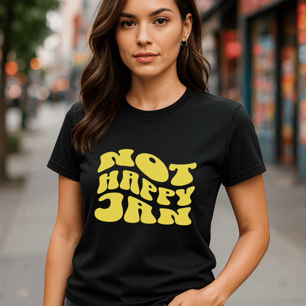 Not Happy Jan Yellow Pages saying on black shirt