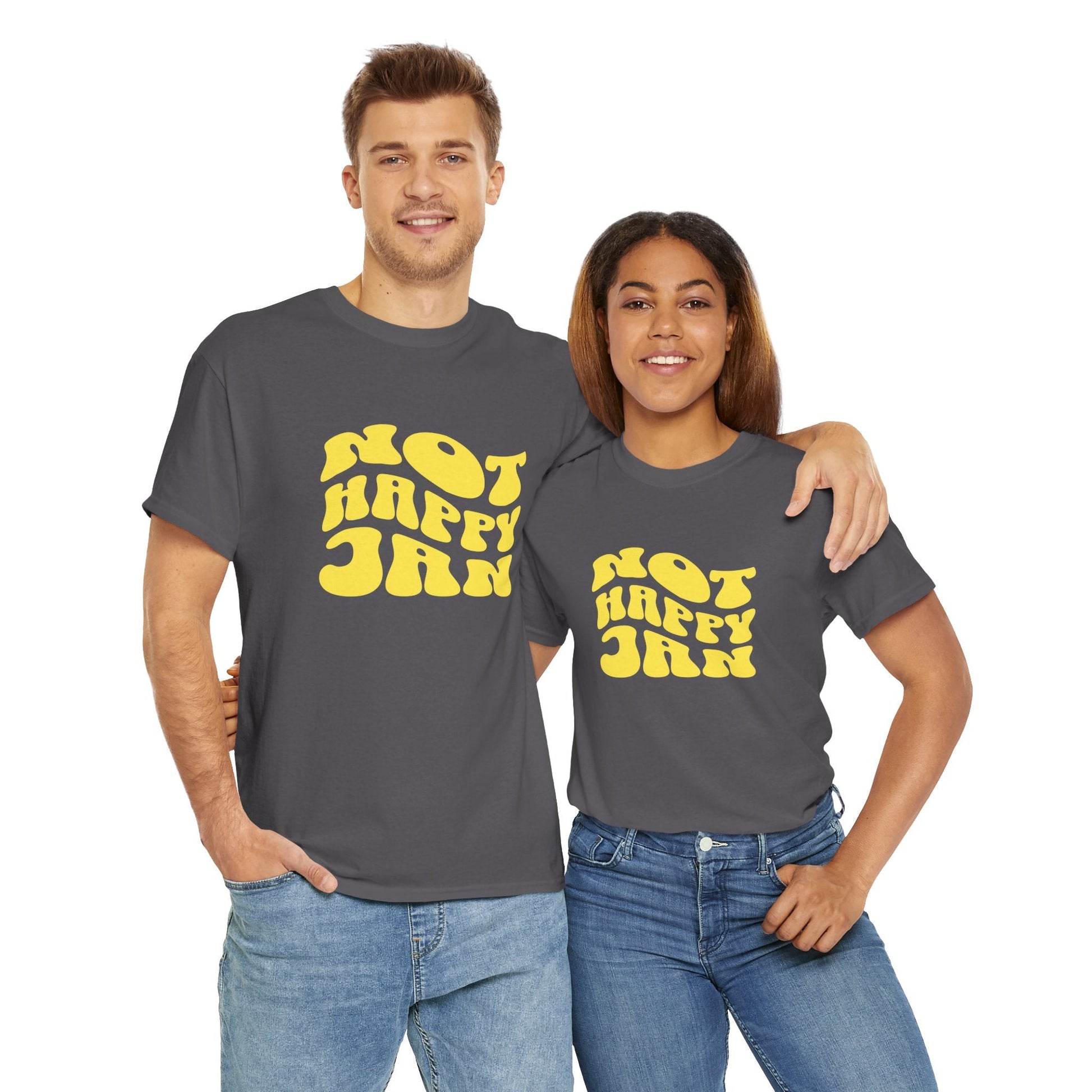 Not Happy Jan' slogan t-shirt, classic Australian saying, perfect gift for Aussie humour lovers and vintage ad fans.