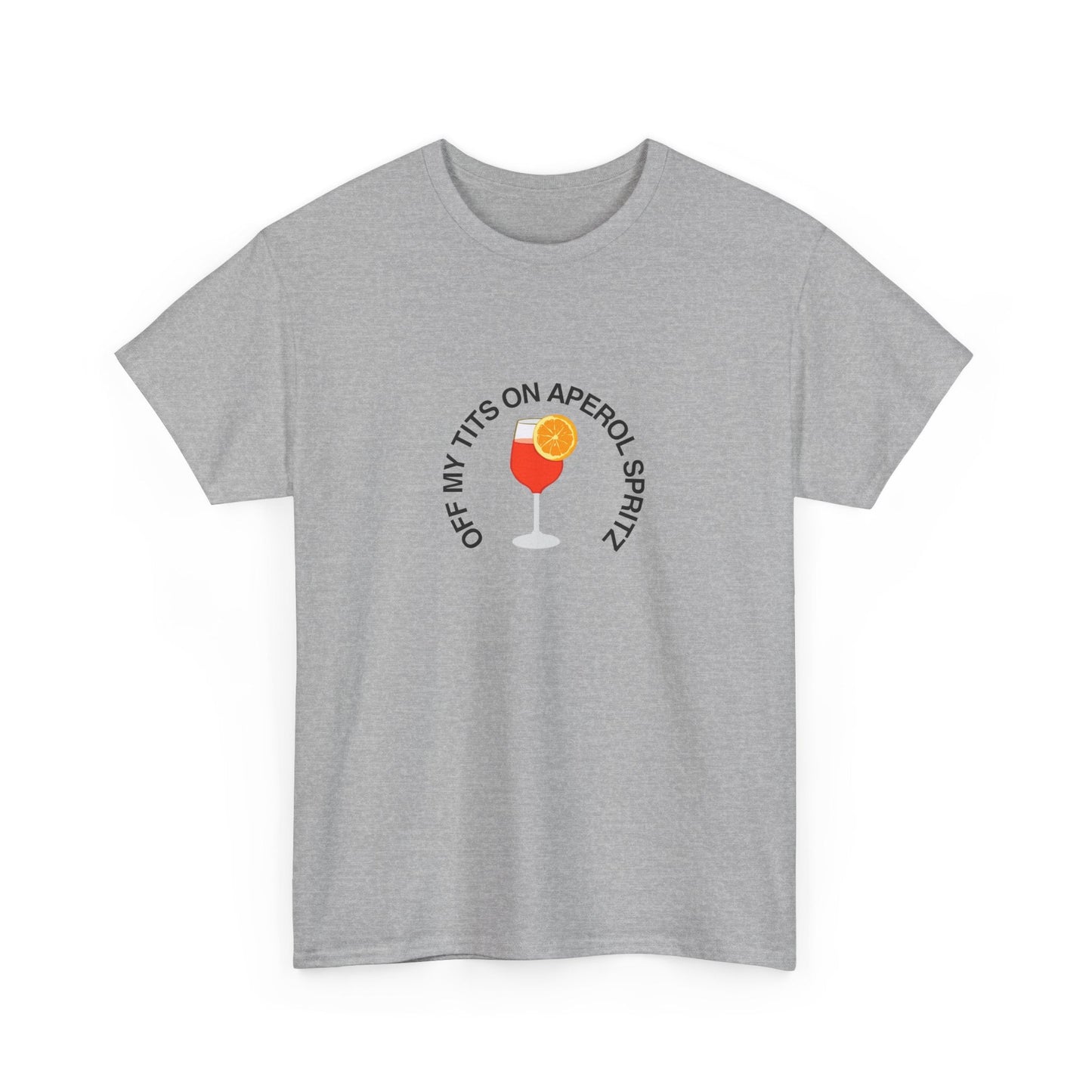 Off my tits on Aperol Spritz' t-shirt—ideal for Aperol Spritz fans, with a cheeky graphic of the classic cocktail.