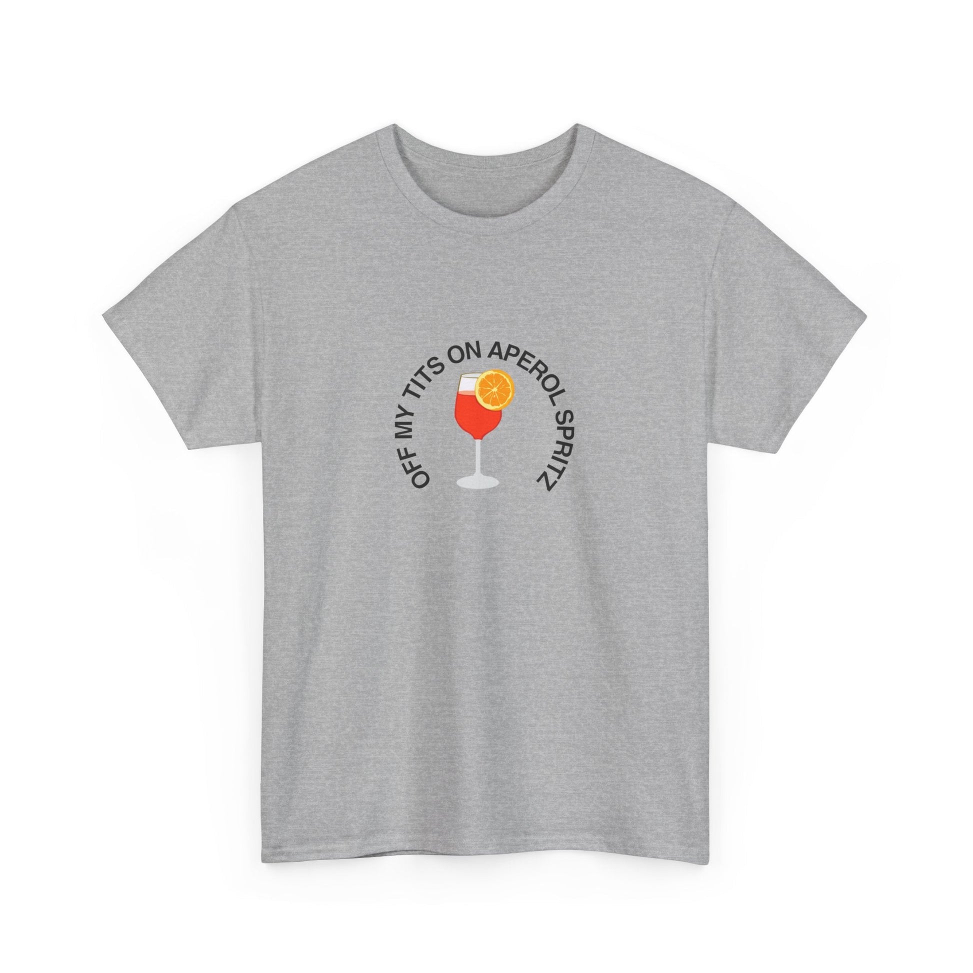 Off my tits on Aperol Spritz' t-shirt—ideal for Aperol Spritz fans, with a cheeky graphic of the classic cocktail.