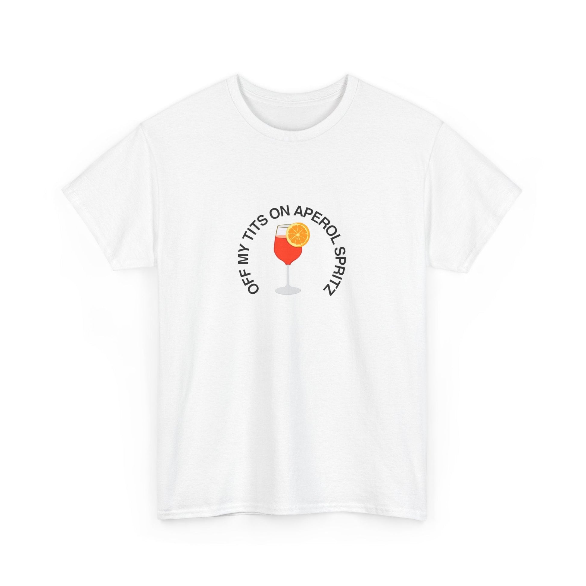 Celebrate cocktail culture with this 'Off my tits on Aperol Spritz' t-shirt—featuring an Aperol Spritz design.