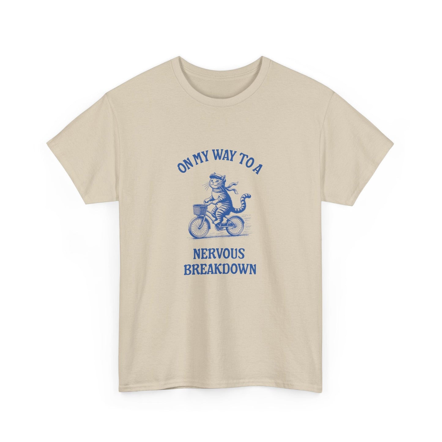 Mental health awareness t-shirt, featuring cartoon cat on a bike and 'On my way to a nervous breakdown' quote, funny and relatable.