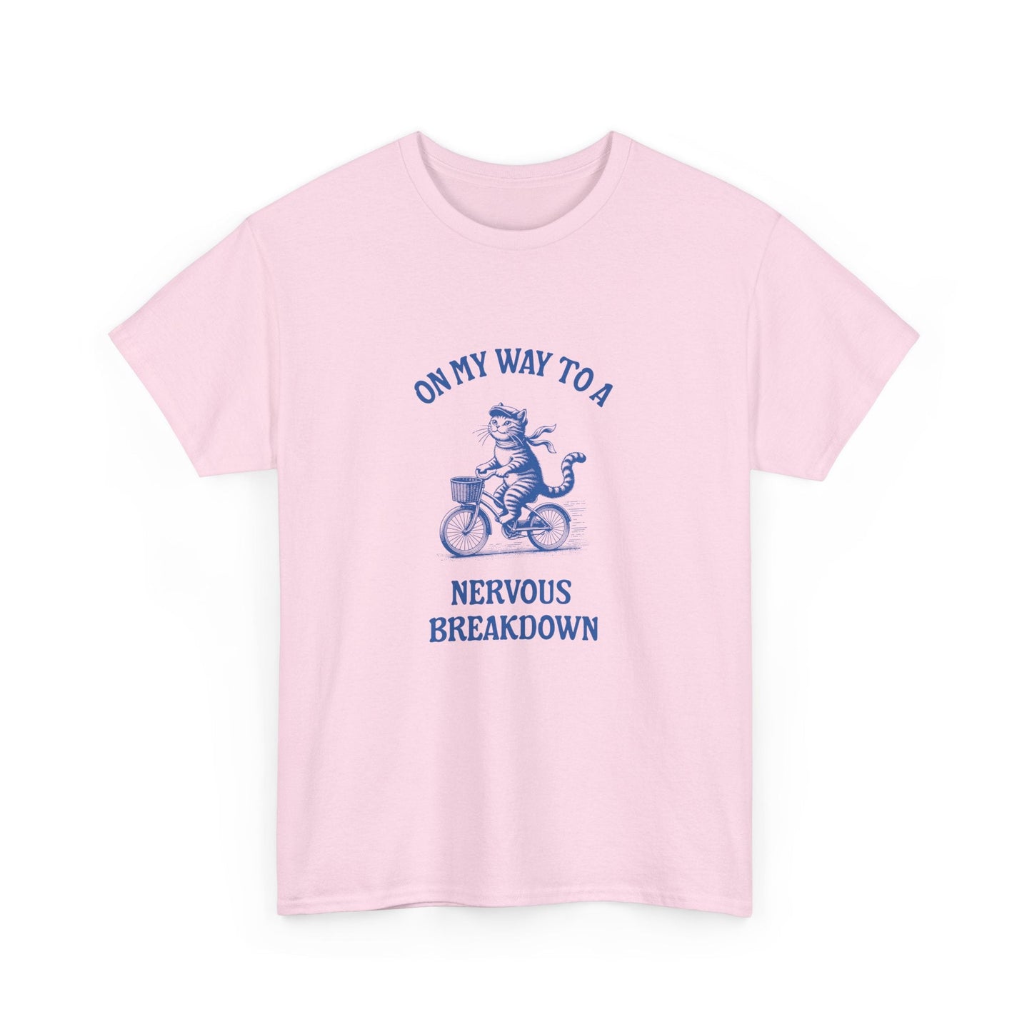 On my way to a nervous breakdown' t-shirt, featuring a cartoon cat on a bike, humorous and empathetic mental health design