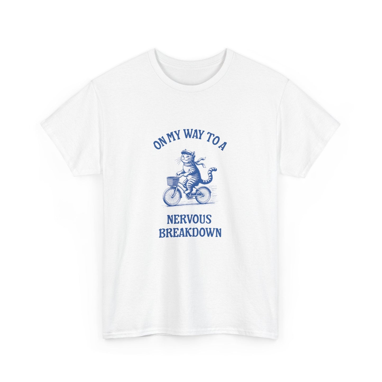 On my way to a nervous breakdown' t-shirt with cartoon cat on a bike, humorous mental health tee for stress relief