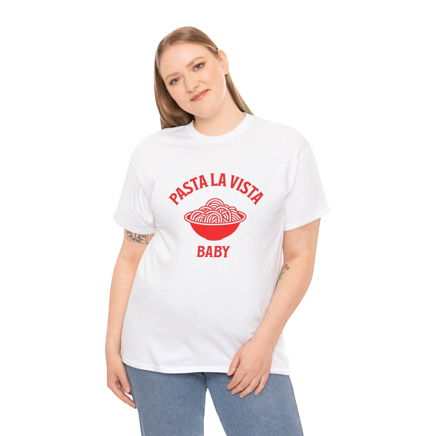 Hilarious pasta-themed t-shirt with 'Pasta La Vista Baby' text, perfect for food lovers and pun enthusiasts