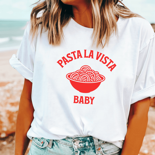 Pasta La Vista Baby' t-shirt, funny food pun tee for pasta lovers, Italian food fans, and movie quote enthusiasts