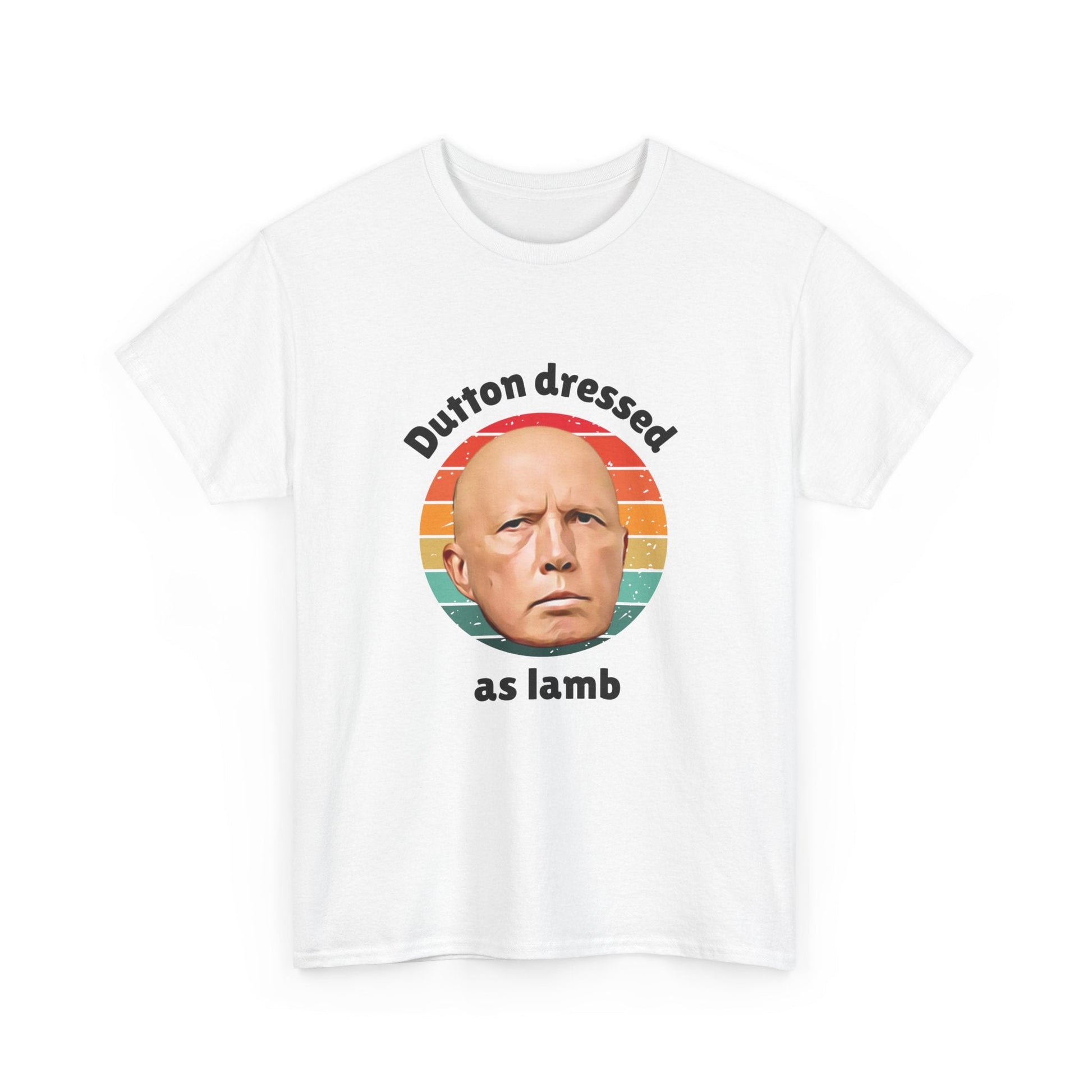 Funny 'Dutton Dressed as Lamb' t-shirt with a cartoon image of Peter Dutton—perfect for Aussie politics fans.