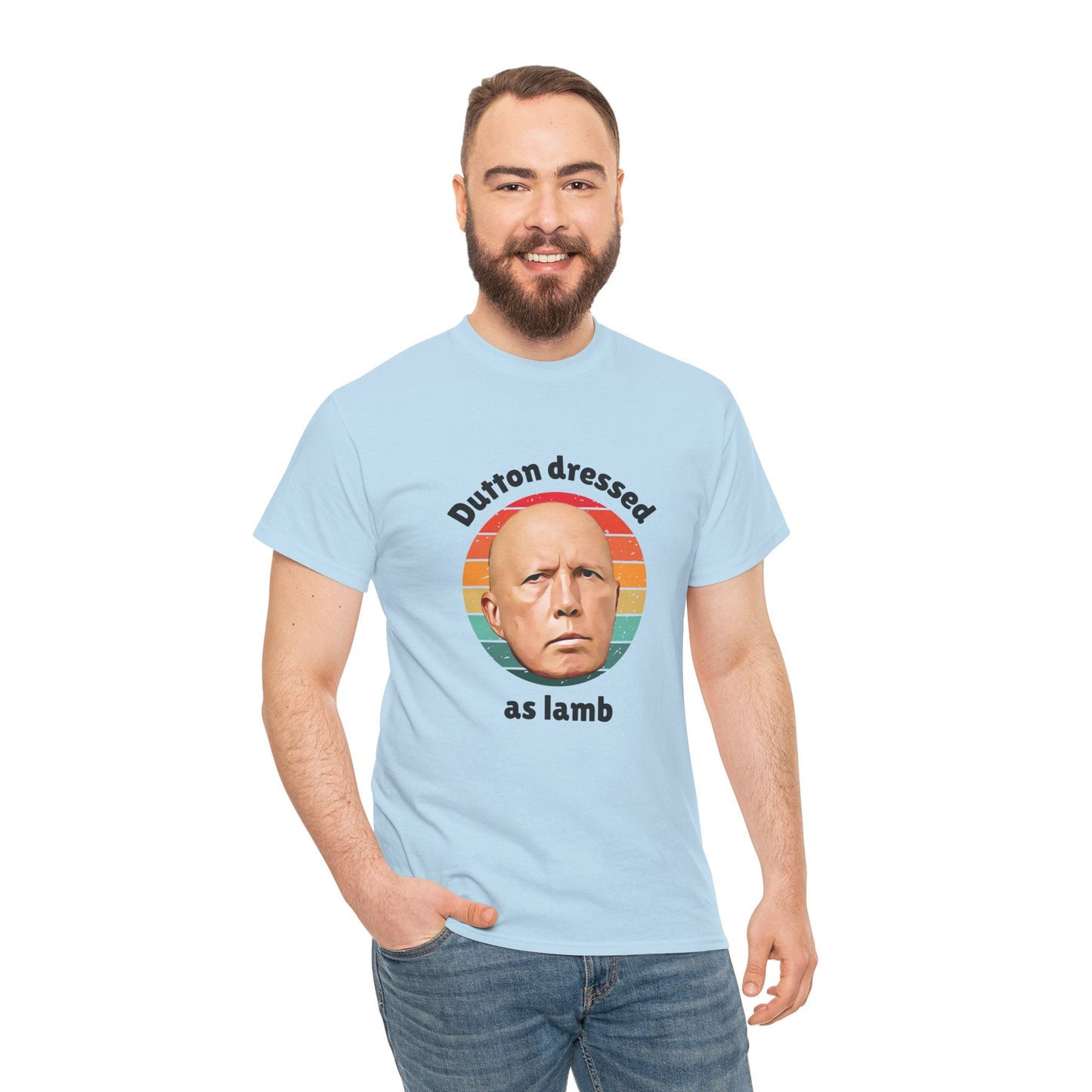 Aussie political satire at its best—'Dutton Dressed as Lamb' t-shirt with Peter Dutton cartoon design
