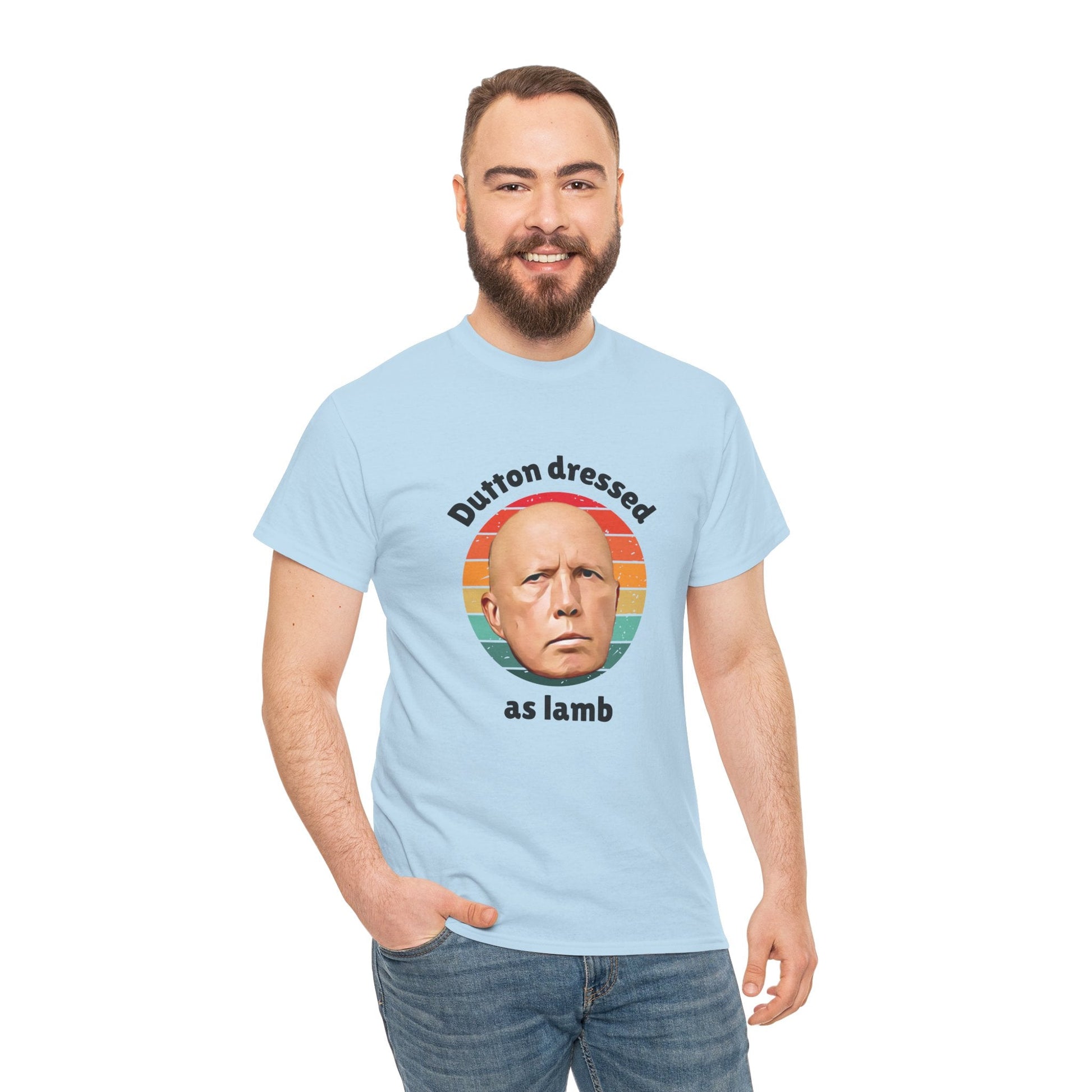 Aussie political satire at its best—'Dutton Dressed as Lamb' t-shirt with Peter Dutton cartoon design