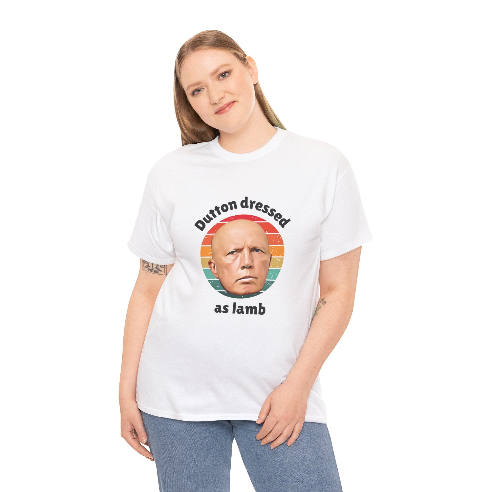 Celebrate Aussie politics with the 'Dutton Dressed as Lamb' t-shirt, featuring a cartoon of Peter Dutton