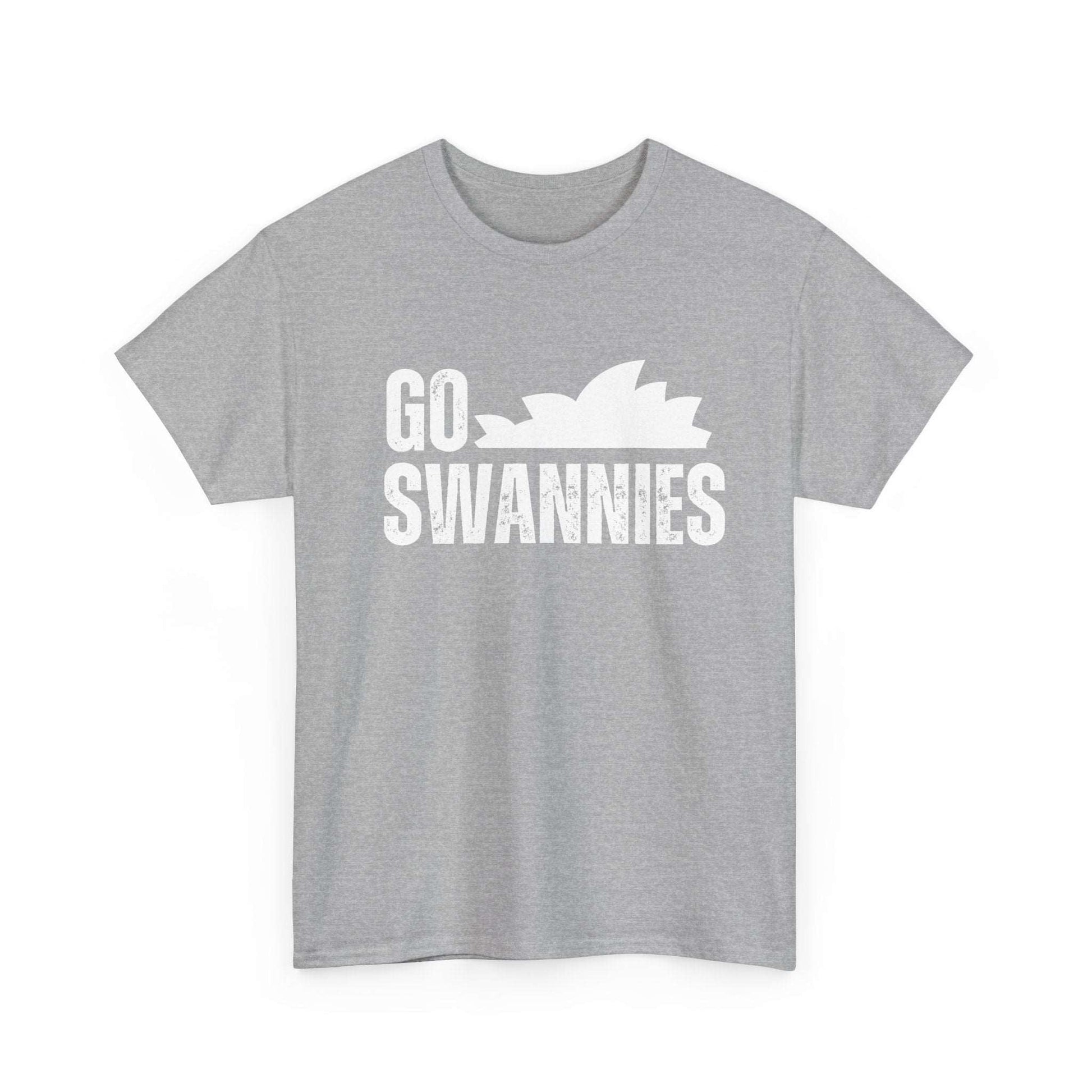 Red and white Swans AFL shirt with classic Go Swannies cheer