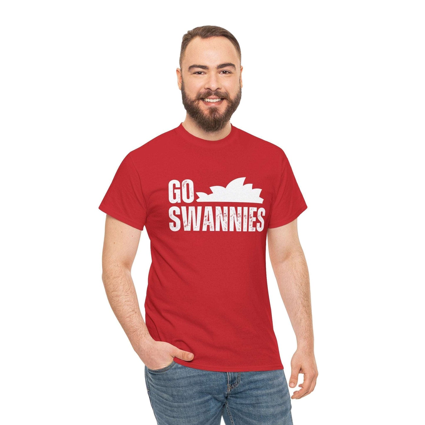 Sydney Swans AFL t-shirt with bold Go Swannies slogan in red and white