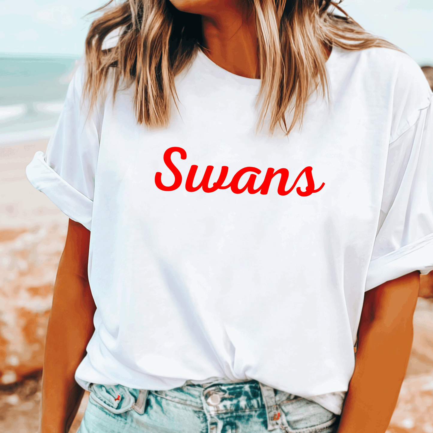 Stylish Sydney Swans t-shirt with bold Swans print in team red and white