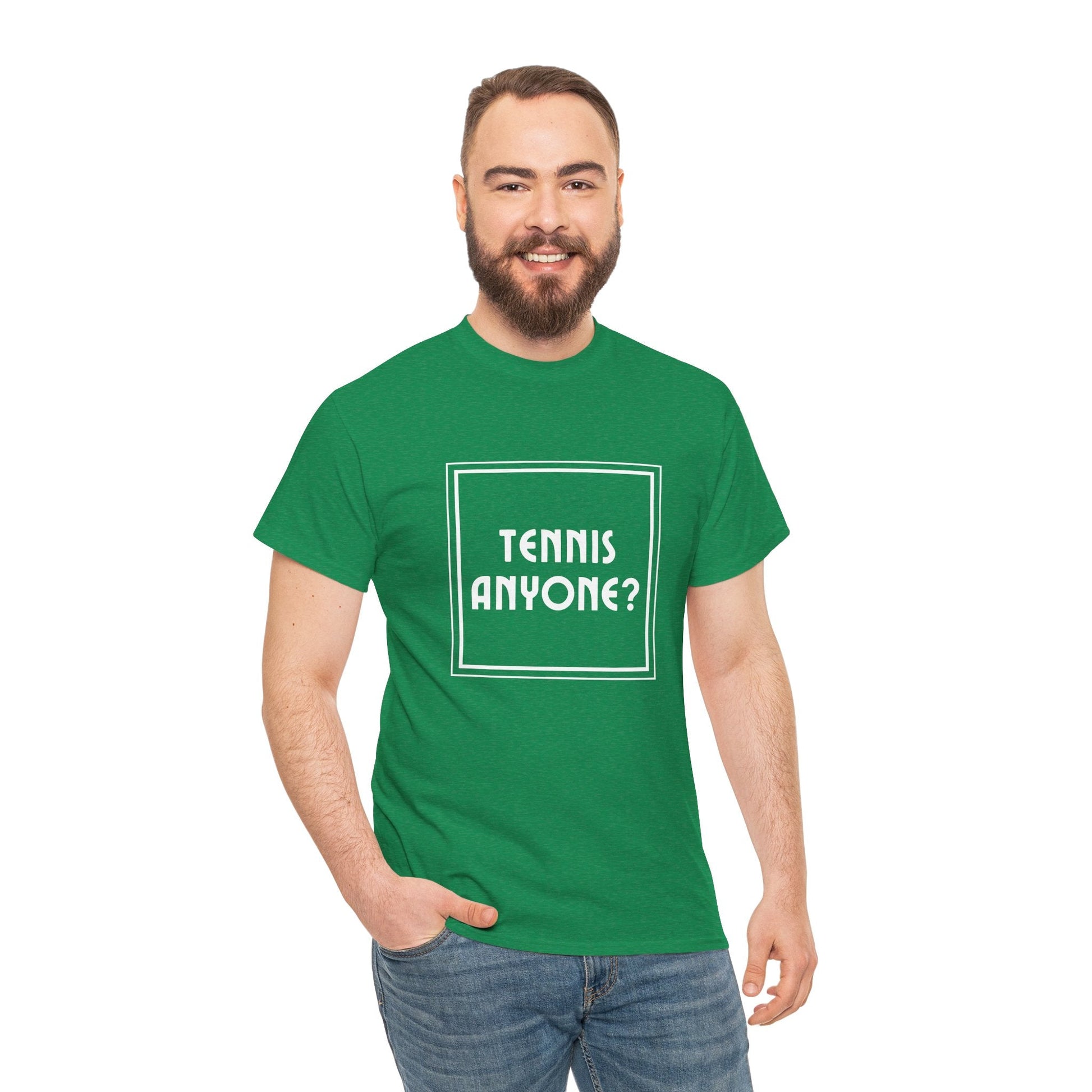 Perfect gift for tennis lovers—'Tennis Anyone?' t-shirt, great for casual games and tournament fans.