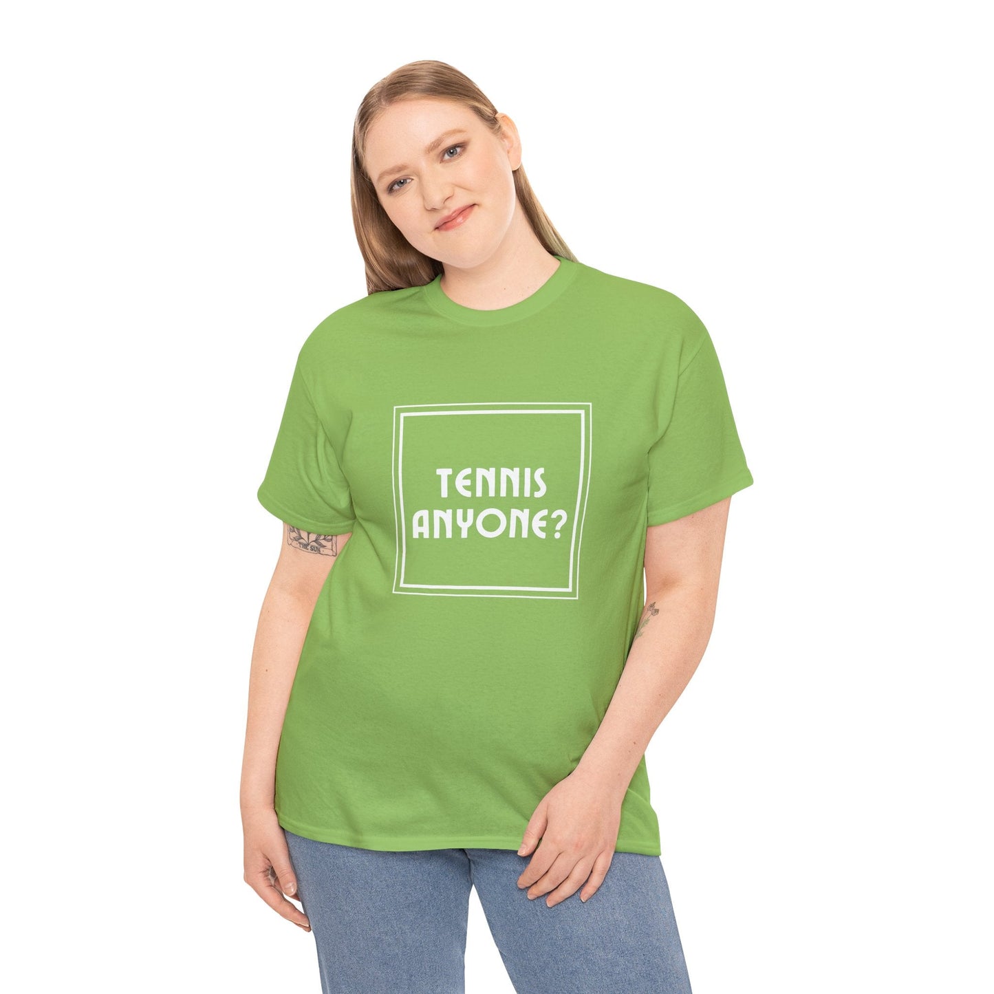 Tennis Anyone?' tee, a must-have for those who enjoy friendly matches and love the sport's competitive spirit.