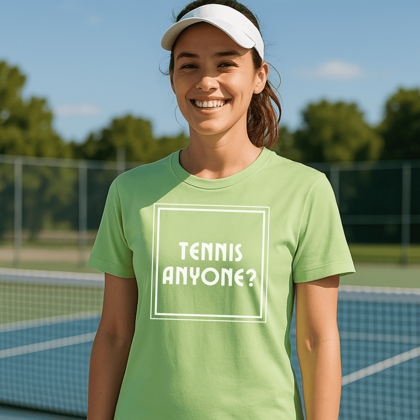 Lime green t-shirt with playful 'Tennis anyone?' slogan – fun sporty tee for tennis lovers and casual wear