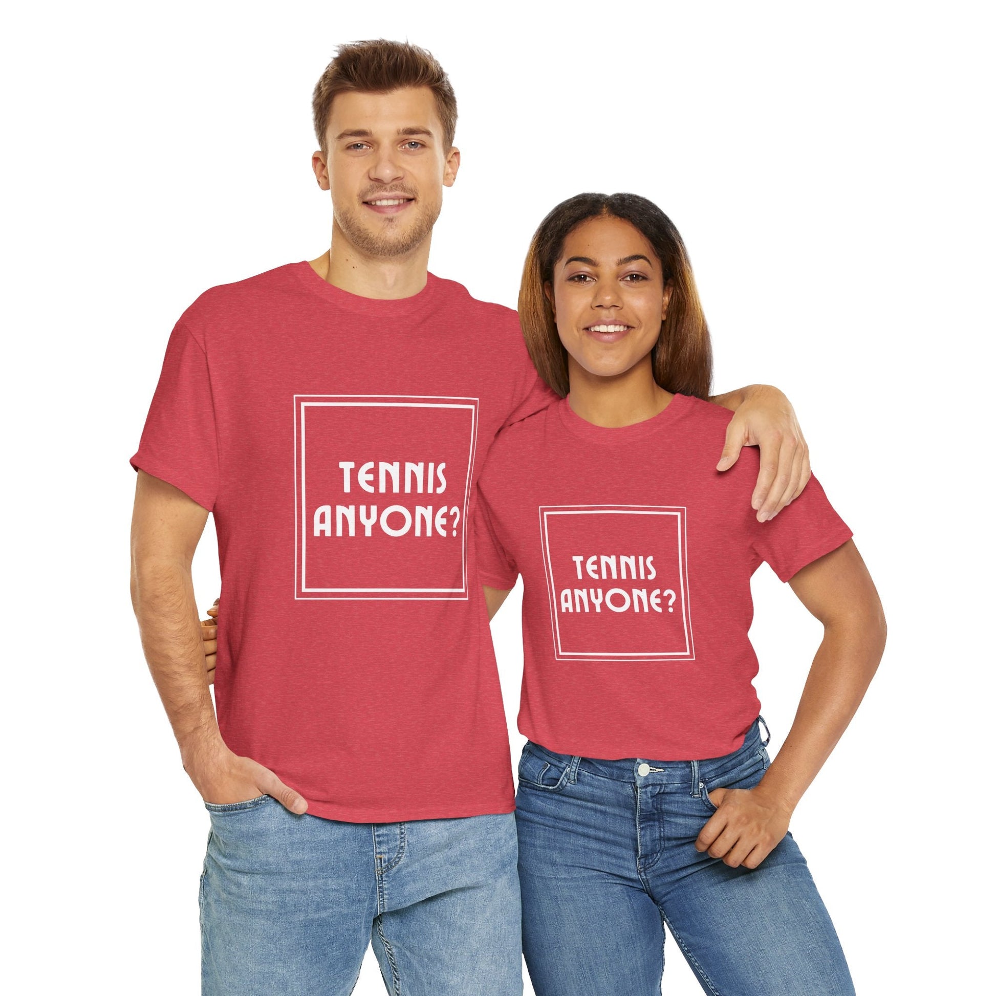Fun tennis-themed t-shirt with 'Tennis Anyone?' text, perfect for players, coaches, and sports fans.