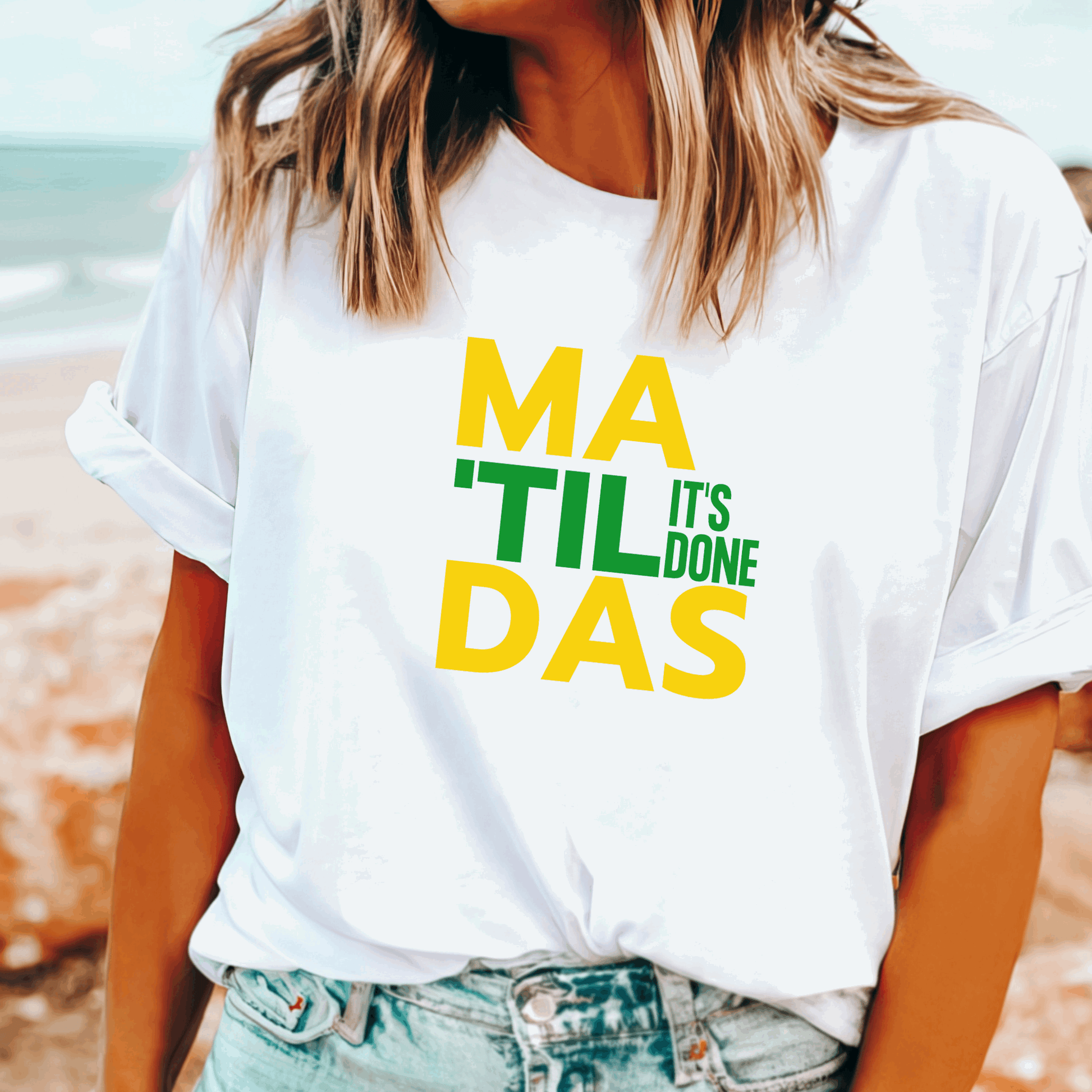 Matildas 'Til It's Done' t-shirt in Aussie colours – perfect for cheering at the Asian Cup