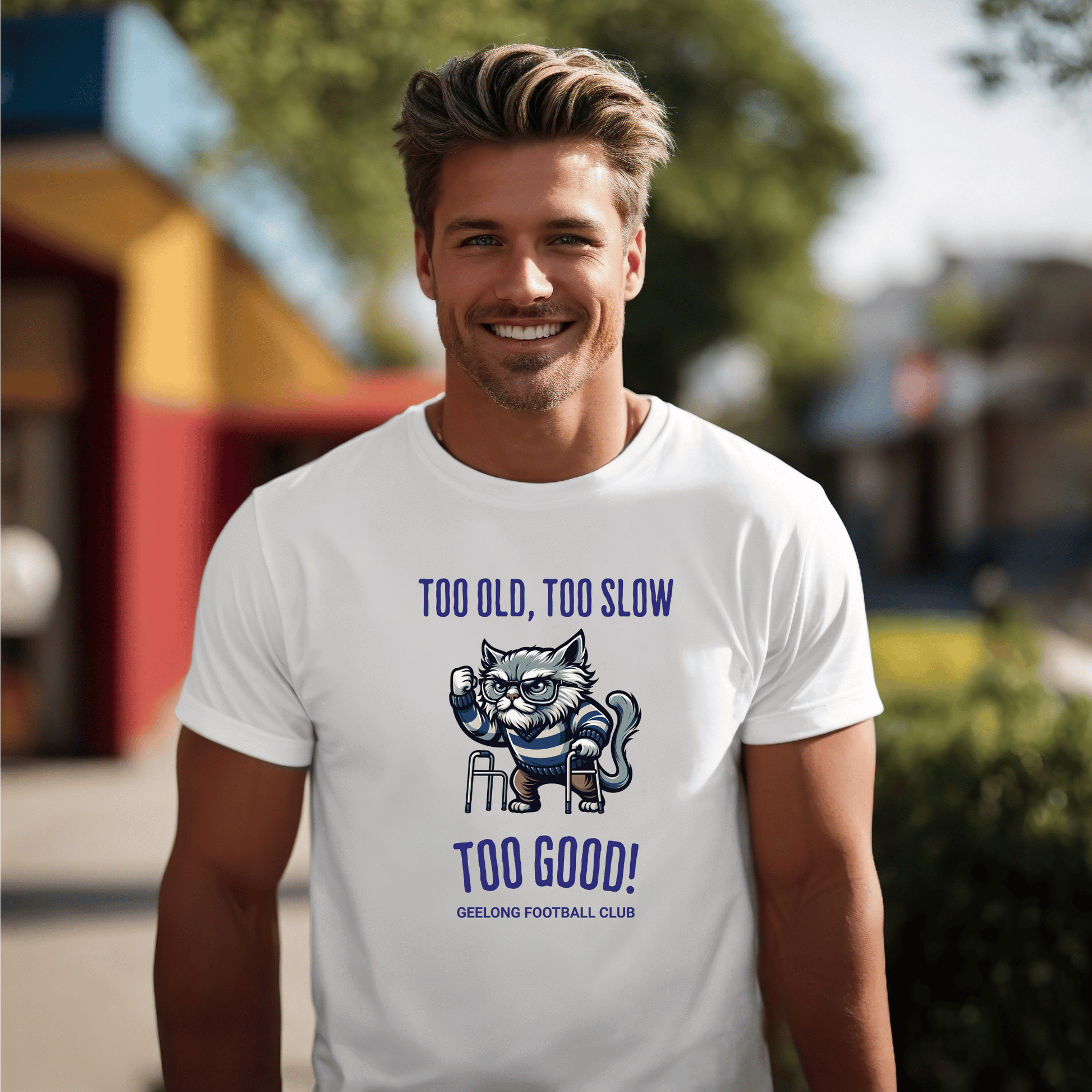 Too Old Too Slow Too Good Geelong Cats T-Shirt – 2022 AFL Premiers Tribute Tee