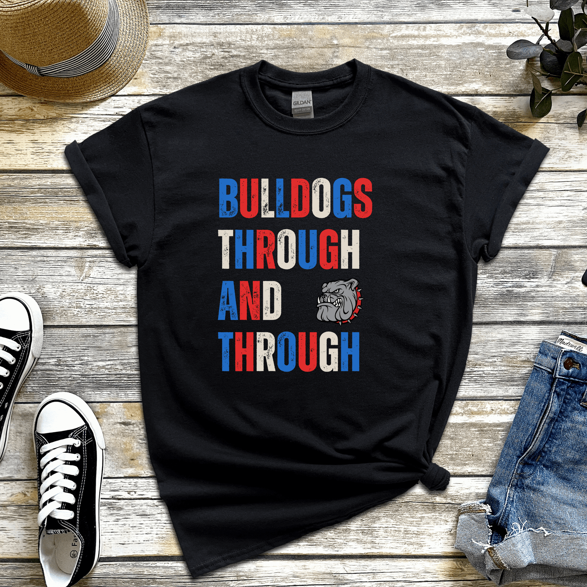 Western Bulldogs t-shirt with Bulldogs Through and Through slogan in red, white, and blue